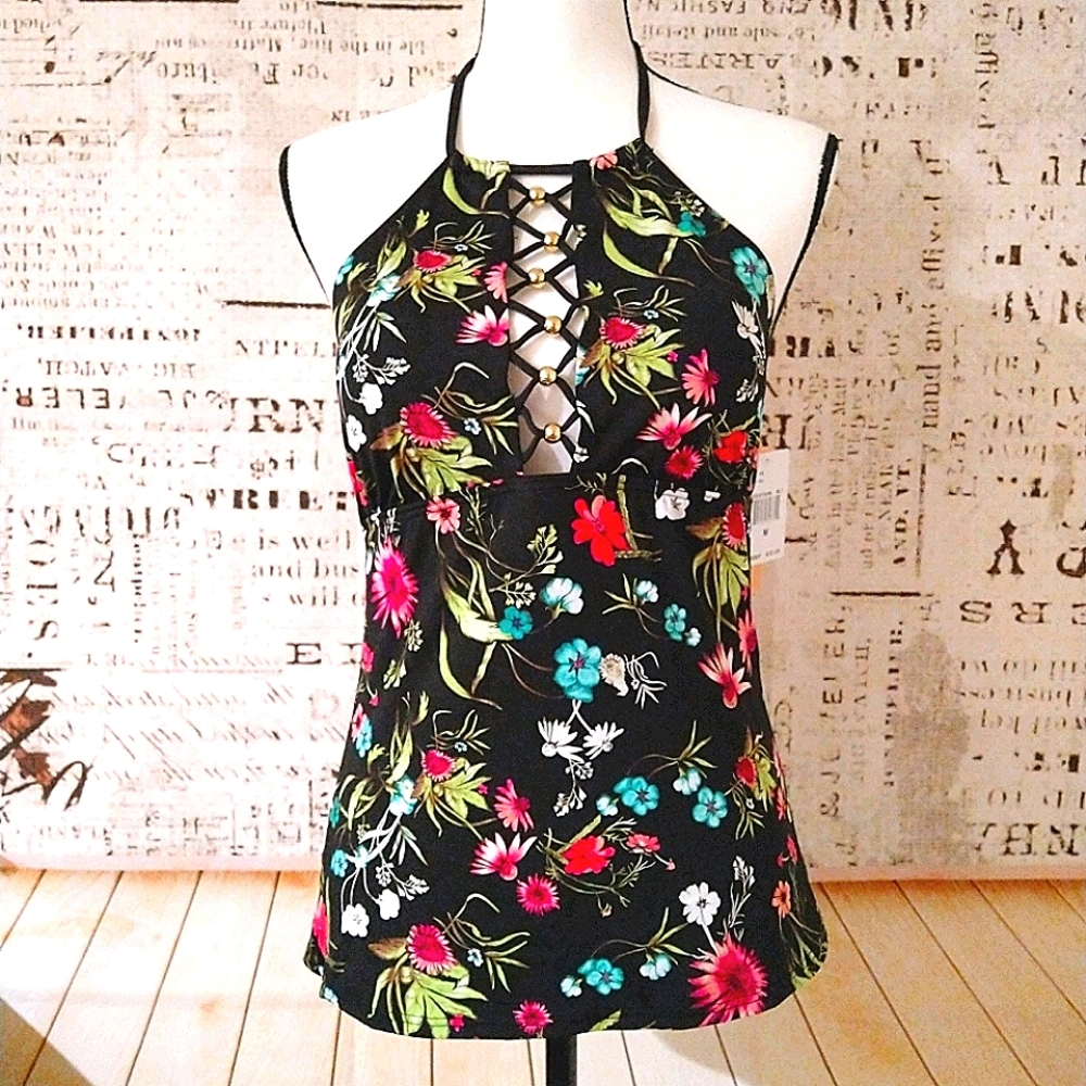 Gibson Latimer tankini floral halter swim top M
